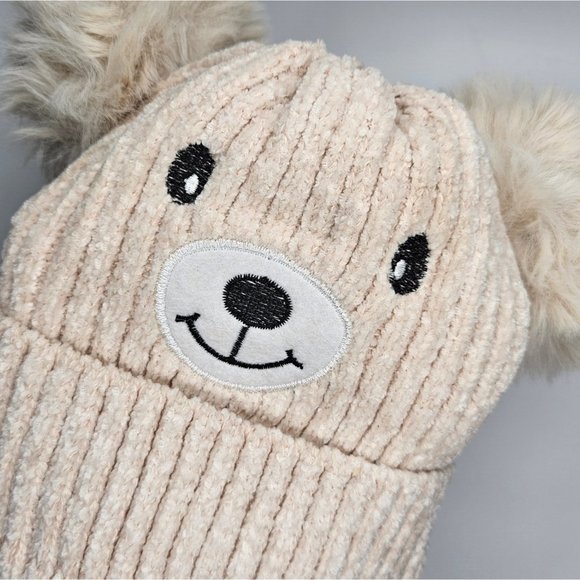 Beige Kids Teddy Bear Sherpa Lined Soft Knit Pom Pom Beanie Winter Hat - Picture 3 of 7
